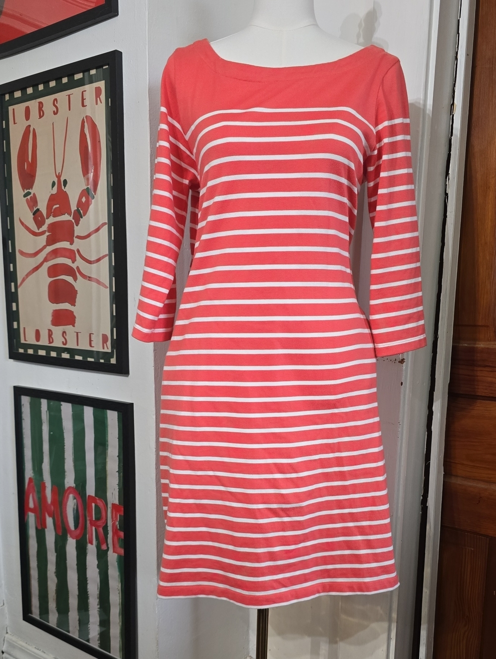 L.L. Bean Coral and White Striped Midi Boatneck Dress